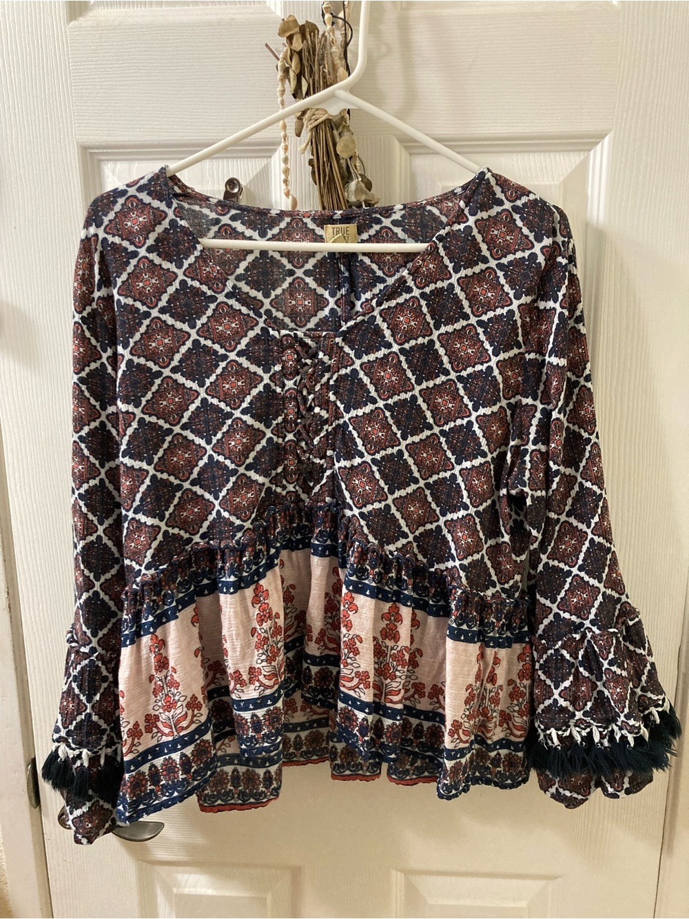 True Craft Navy and Blush Boho Lace-Up Peplum Blouse